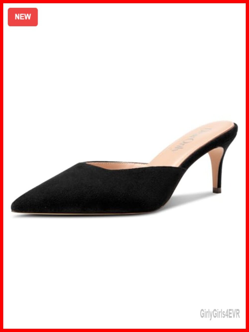 DearOnly Womens Pointed Toe Kitten Heel Mules Slip-On Stiletto Mid Heel Sandals